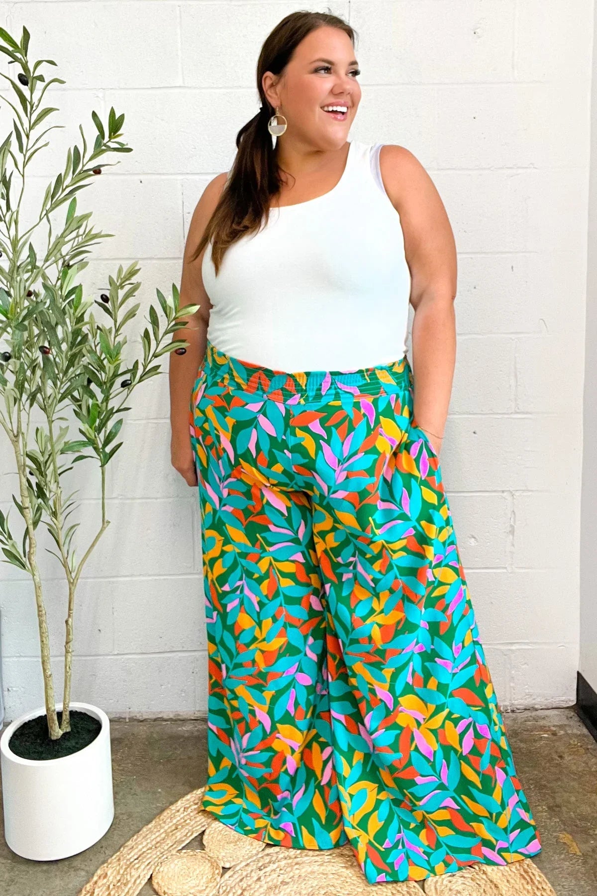 Summer Vibes Green & Orange Abstract Print Smocked Palazzo Pants | 2024 Summer Blow Out Sale Daverri Fashions
