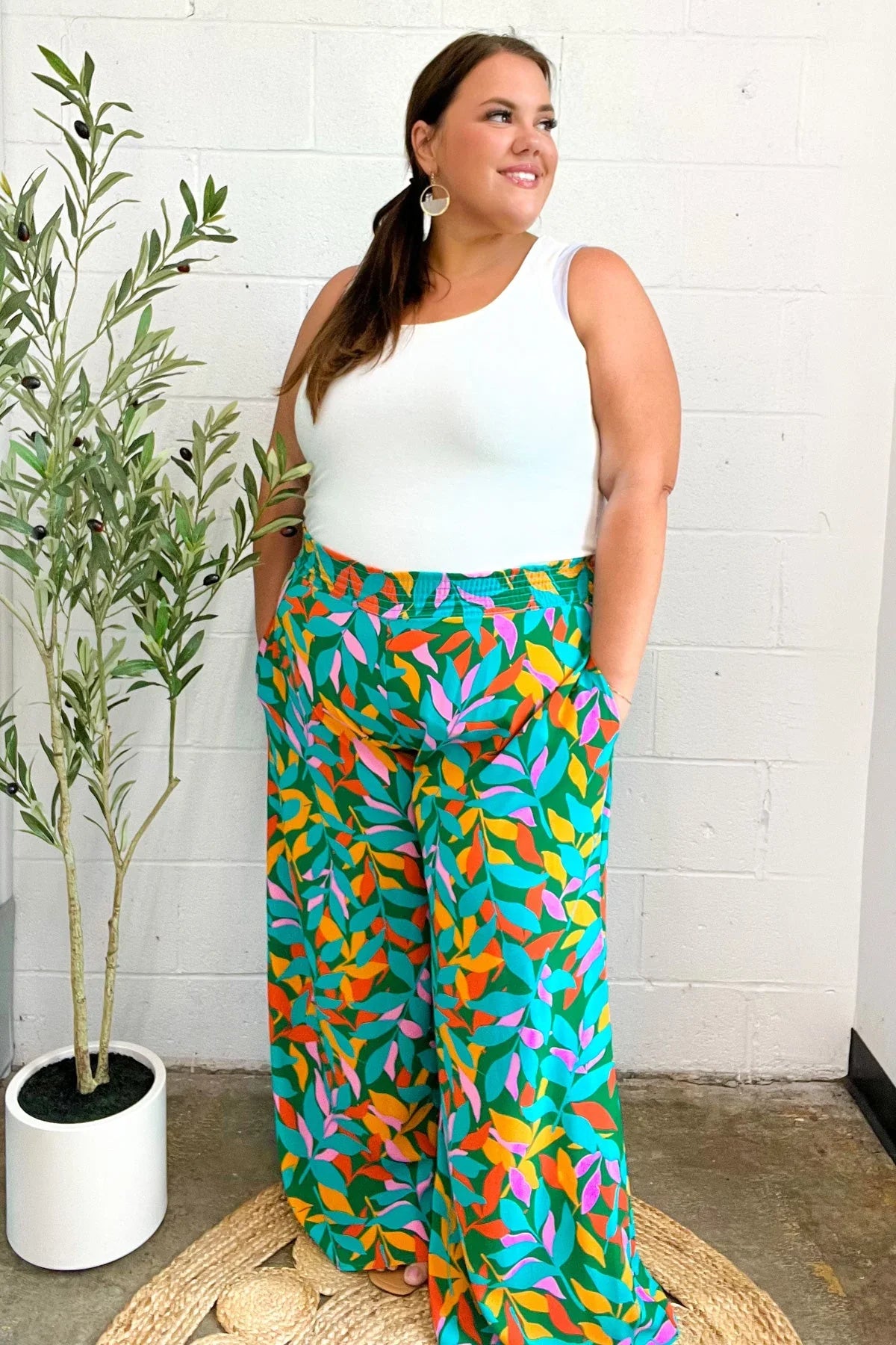Summer Vibes Green & Orange Abstract Print Smocked Palazzo Pants | 2024 Summer Blow Out Sale Daverri Fashions