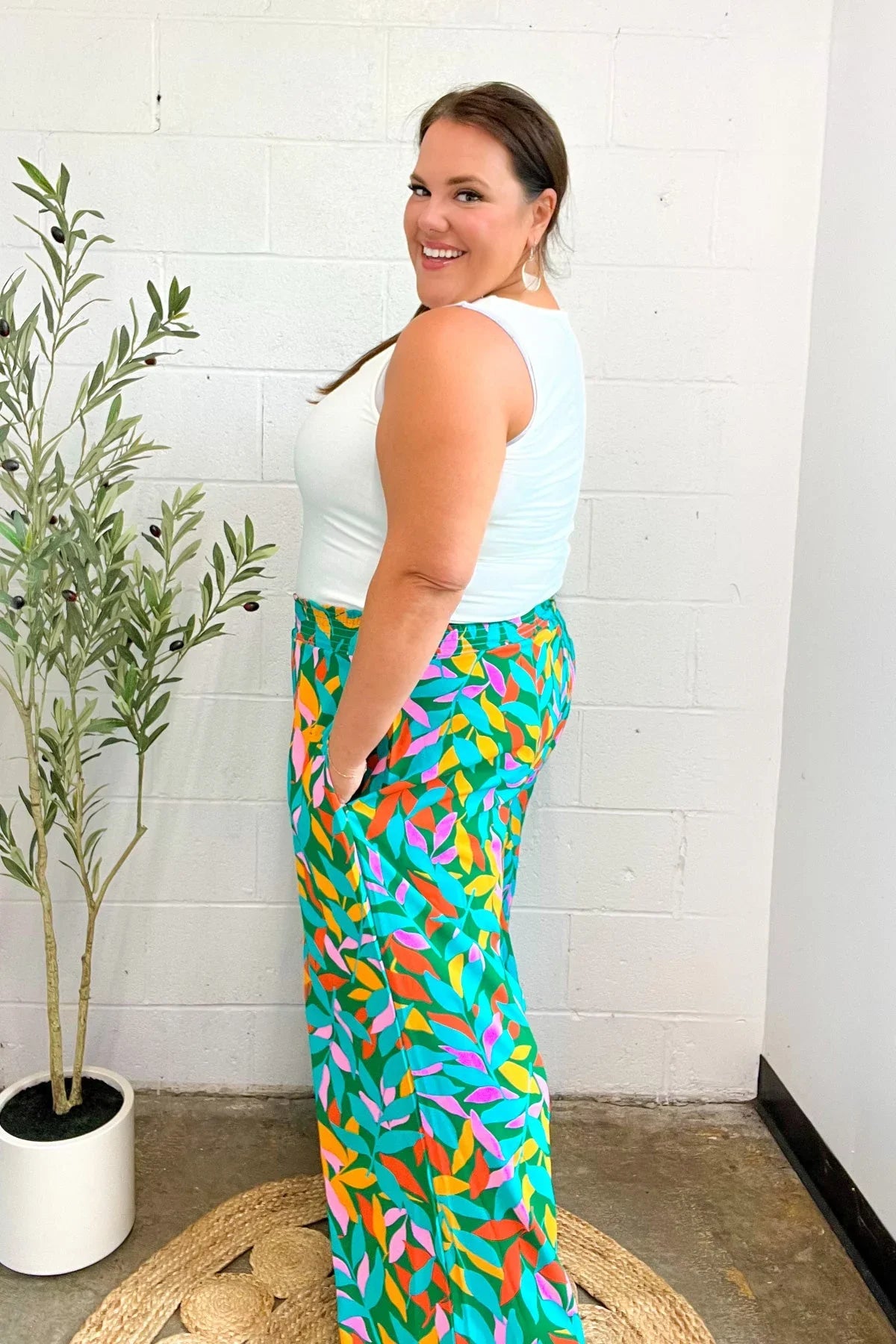 Summer Vibes Green & Orange Abstract Print Smocked Palazzo Pants | 2024 Summer Blow Out Sale Daverri Fashions