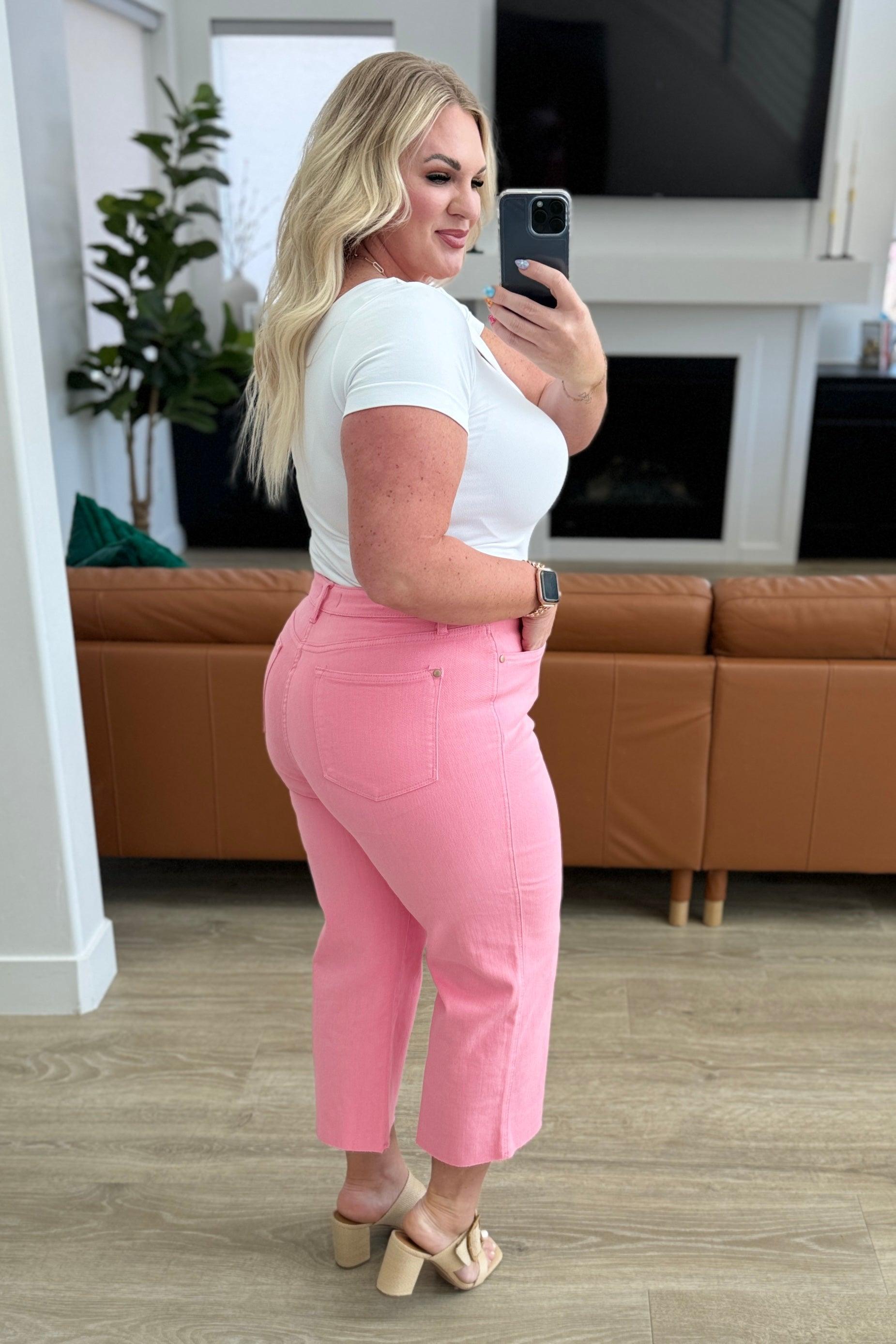 Judy Blue Pink High Rise Control Top Wide Leg Crop Jeans Jeans