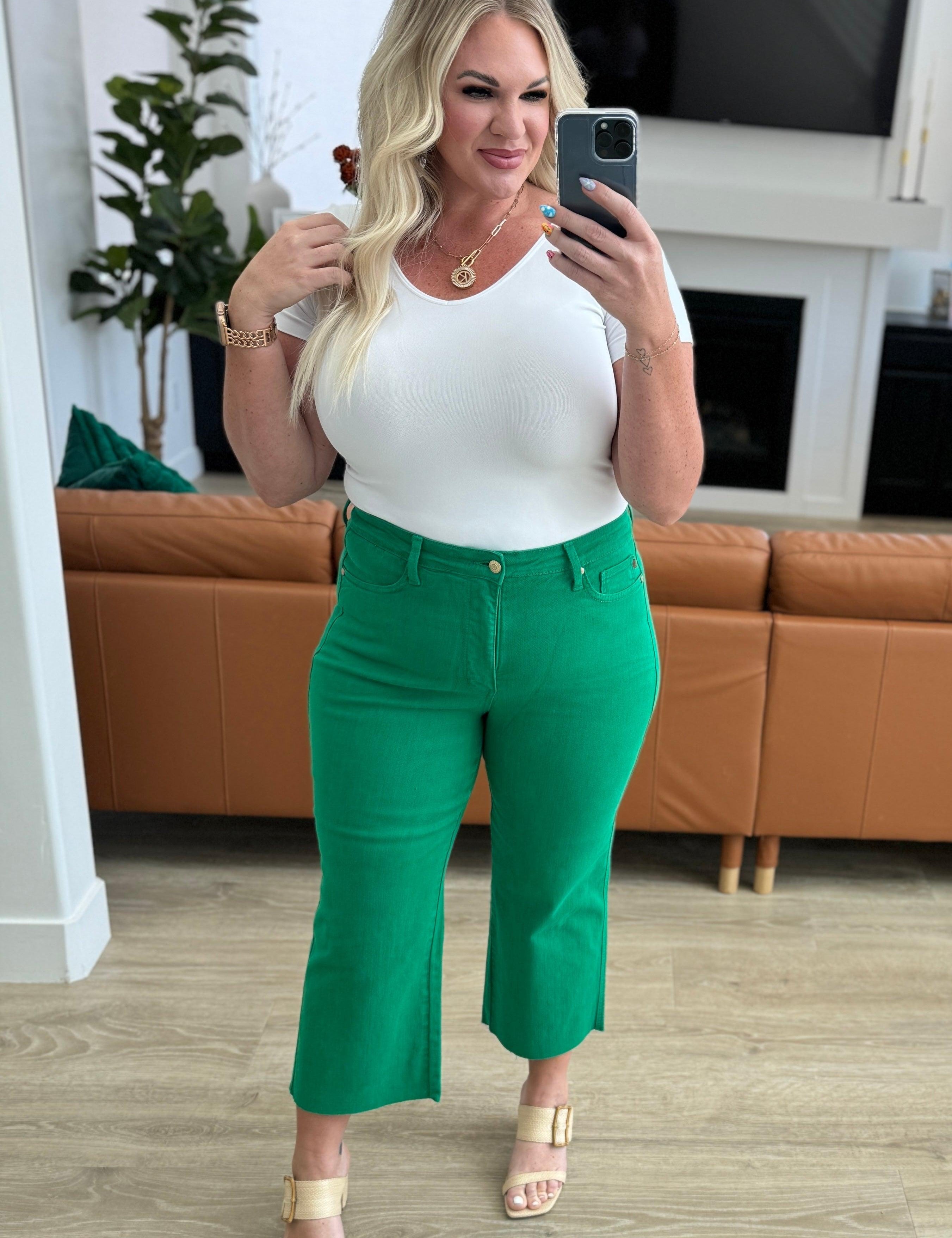 Lisa High Rise Control Top Wide Leg Crop Jeans in Kelly Green Jeans