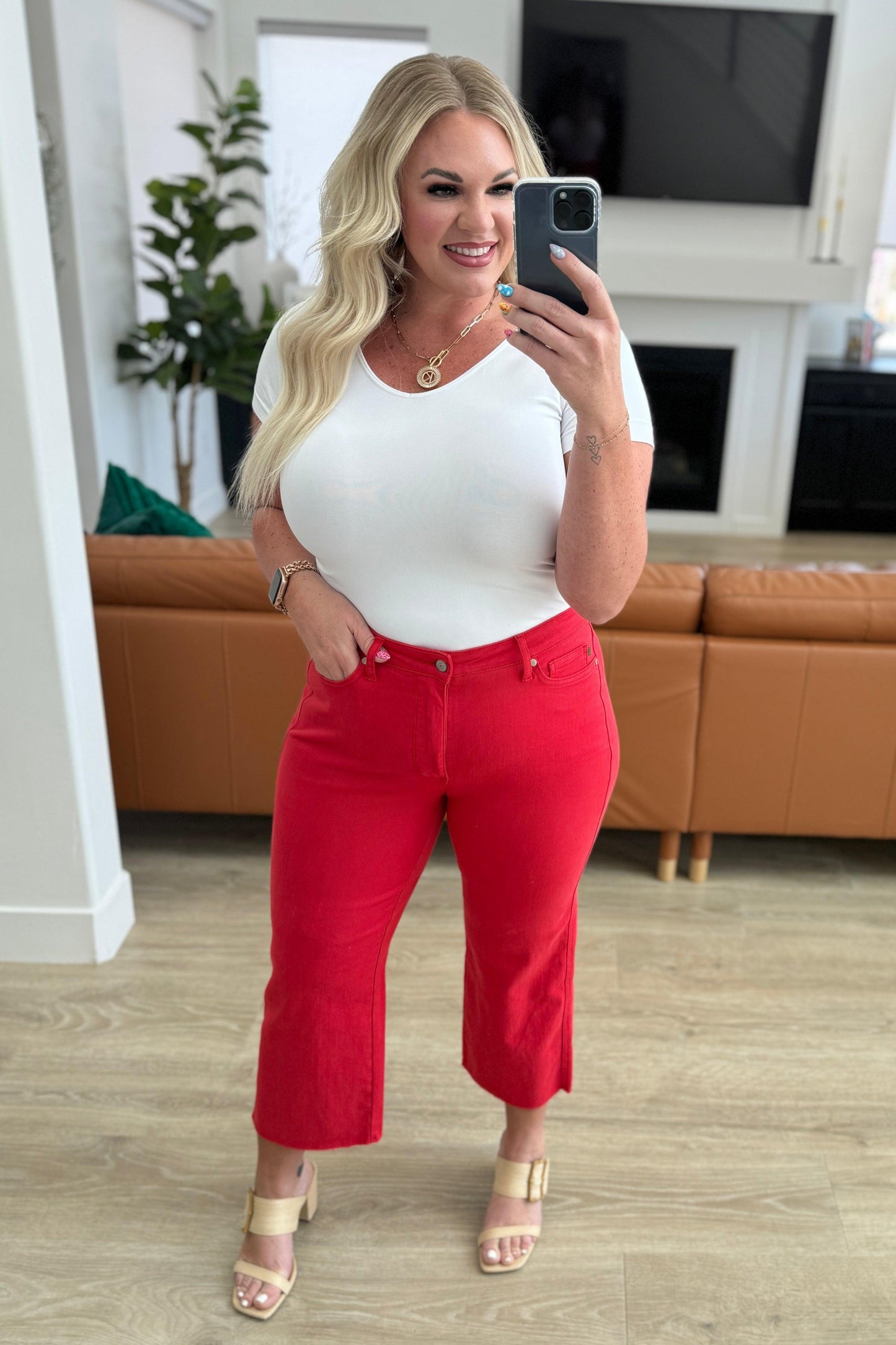 Judy Blue Red High Rise Control Top Wide Leg Crop Jeans Jeans