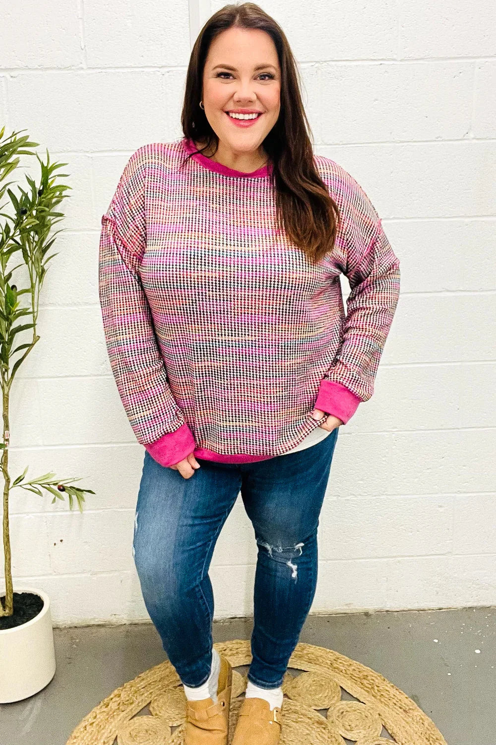 Bring Joy Magenta Multicolor Textured Waffle Knit Sweater | Daverri Fashions