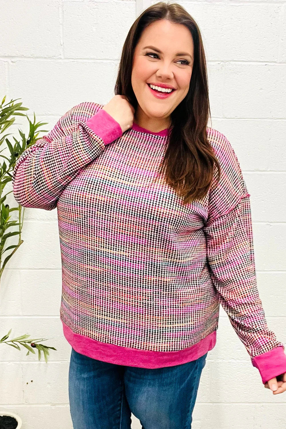 Bring Joy Magenta Multicolor Textured Waffle Knit Sweater | Daverri Fashions