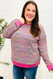 Bring Joy Magenta Multicolor Textured Waffle Knit Sweater | Daverri Fashions