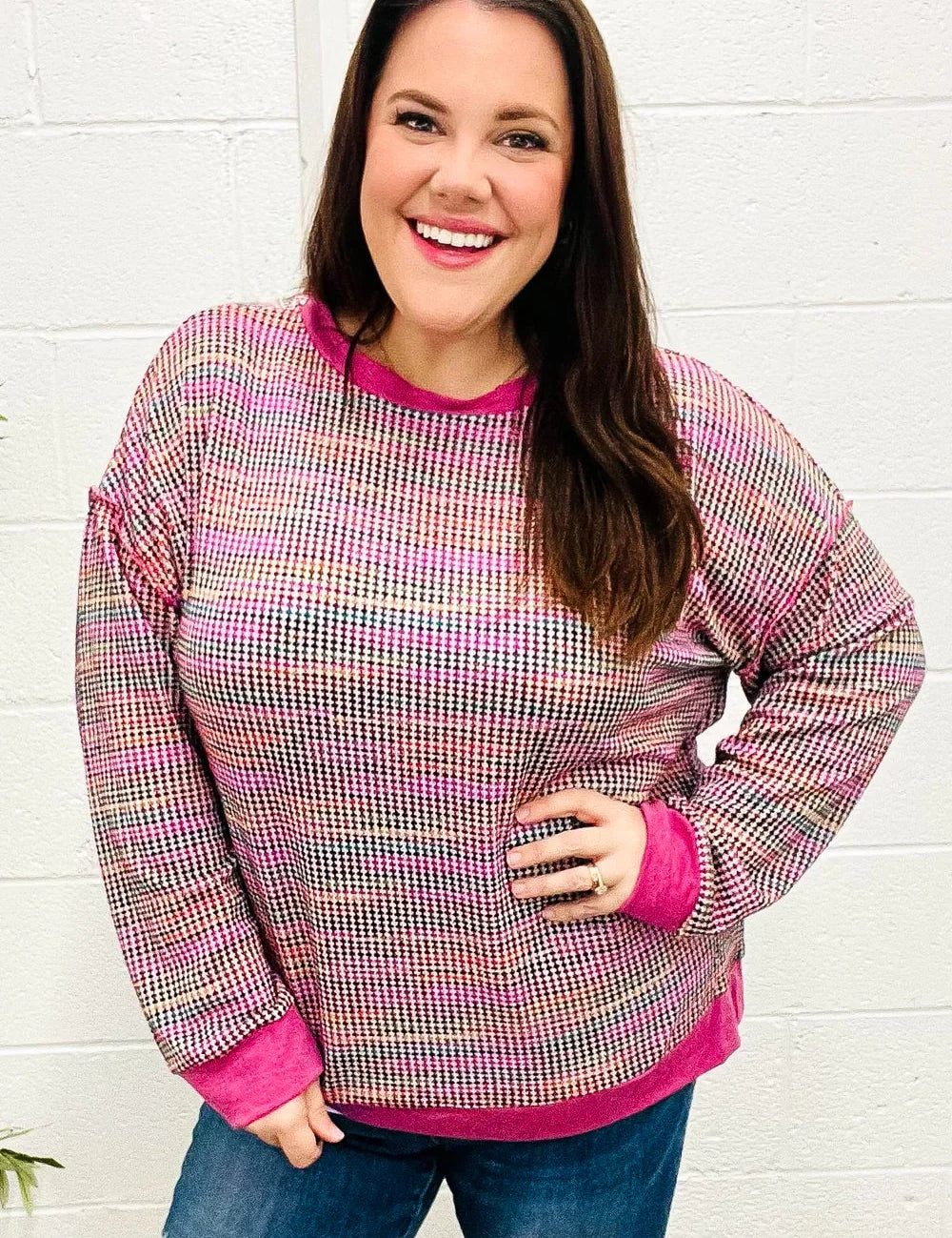 Bring Joy Magenta Multicolor Textured Waffle Knit Sweater | Daverri Fashions