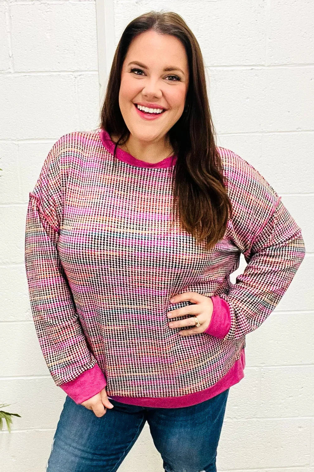 Bring Joy Magenta Multicolor Textured Waffle Knit Sweater | Daverri Fashions