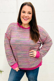Bring Joy Magenta Multicolor Textured Waffle Knit Sweater | Daverri Fashions