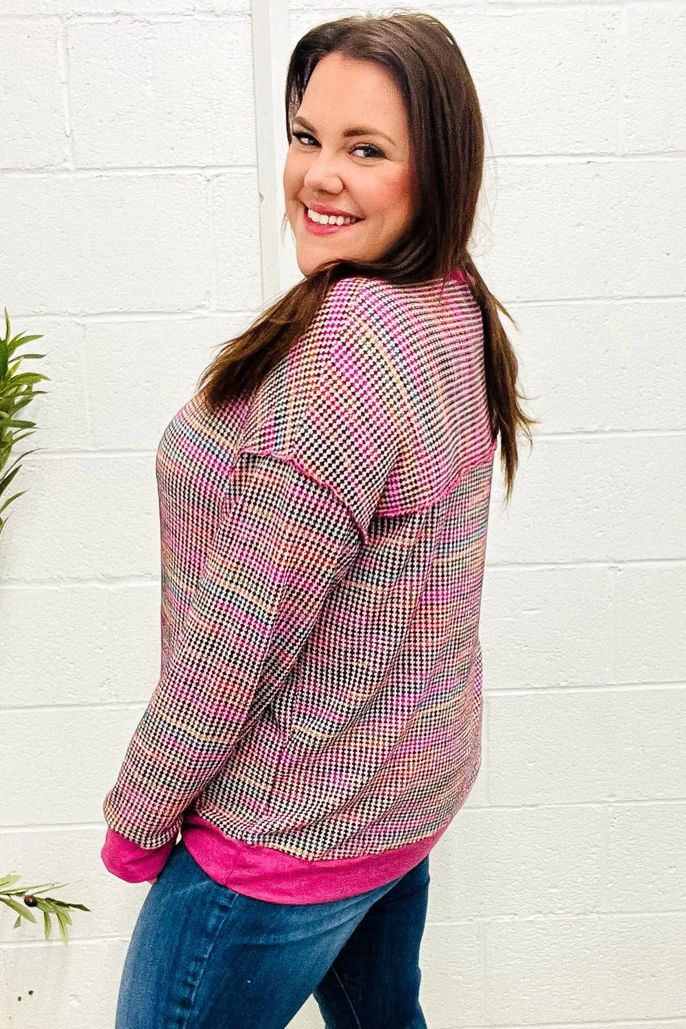 Bring Joy Magenta Multicolor Textured Waffle Knit Sweater | Daverri Fashions
