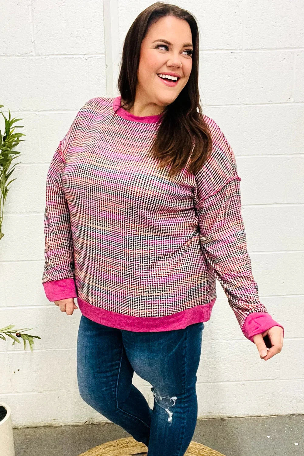 Bring Joy Magenta Multicolor Textured Waffle Knit Sweater | Daverri Fashions