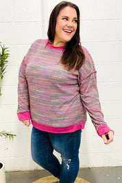 Bring Joy Magenta Multicolor Textured Waffle Knit Sweater | Daverri Fashions