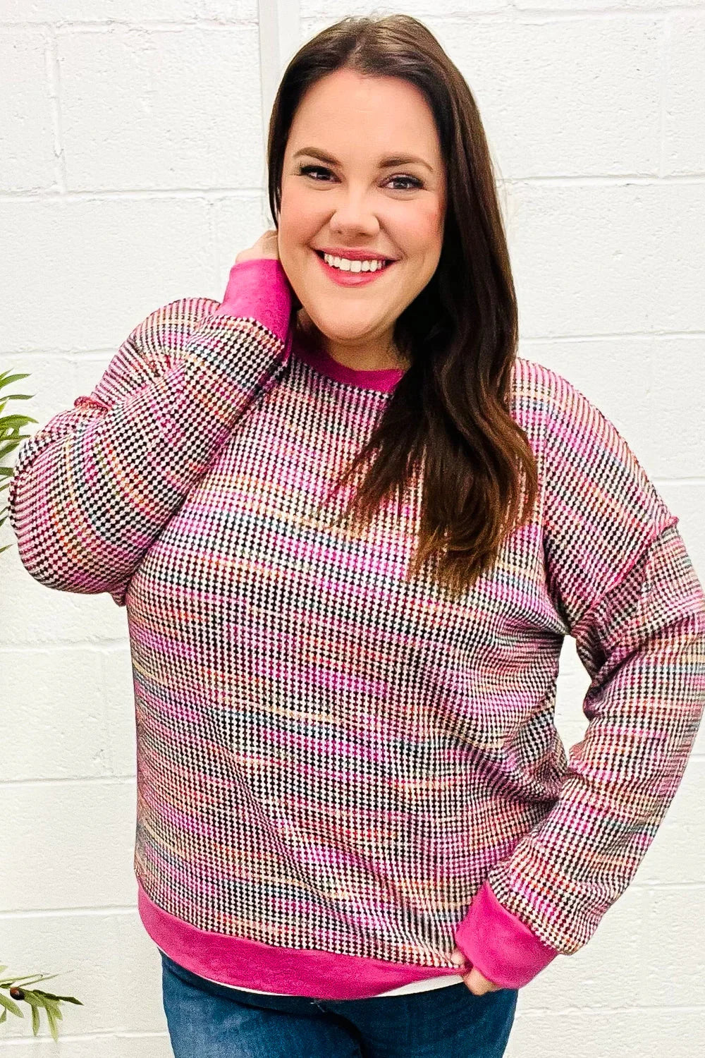 Bring Joy Magenta Multicolor Textured Waffle Knit Sweater | Daverri Fashions