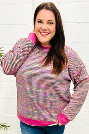 Bring Joy Magenta Multicolor Textured Waffle Knit Sweater | Daverri Fashions