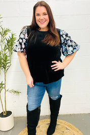 Feeling Glamorous Black Floral Sequin Puff Sleeve Velvet Top | 2024 Blow-Out Sale Daverri Fashions