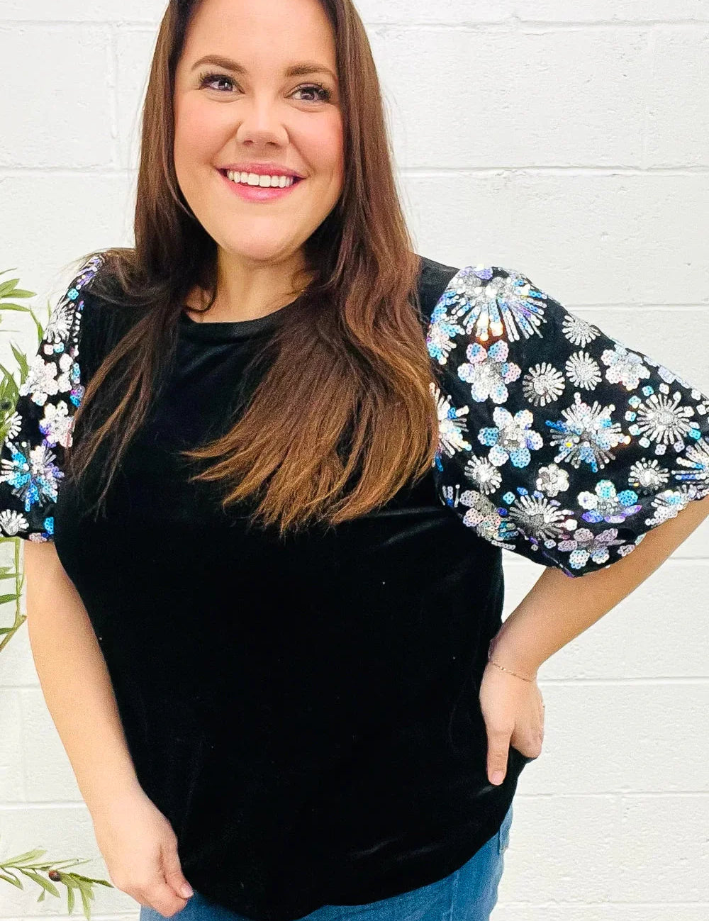 Feeling Glamorous Black Floral Sequin Puff Sleeve Velvet Top | 2024 Blow-Out Sale Daverri Fashions