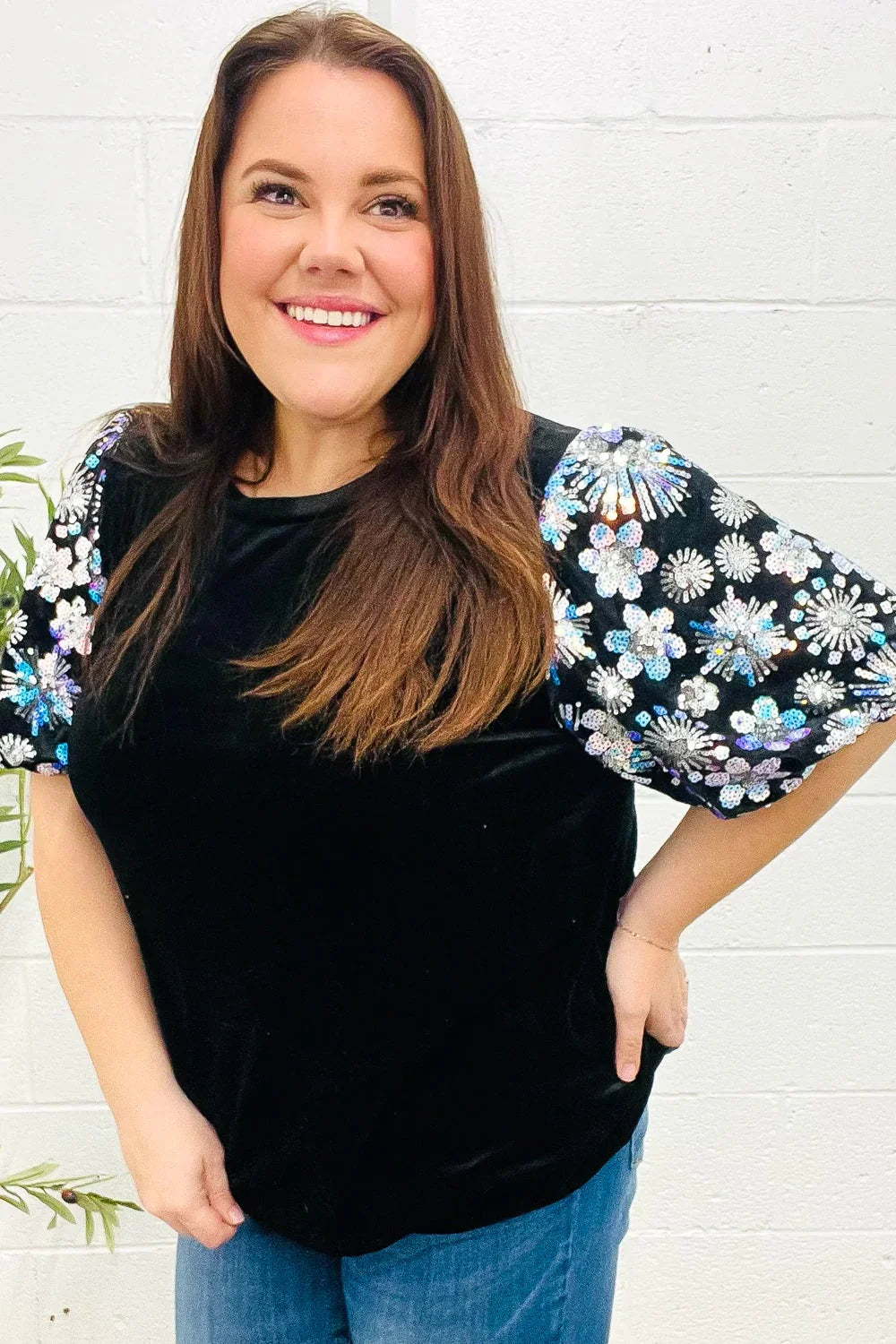 Feeling Glamorous Black Floral Sequin Puff Sleeve Velvet Top | 2024 Blow-Out Sale Daverri Fashions