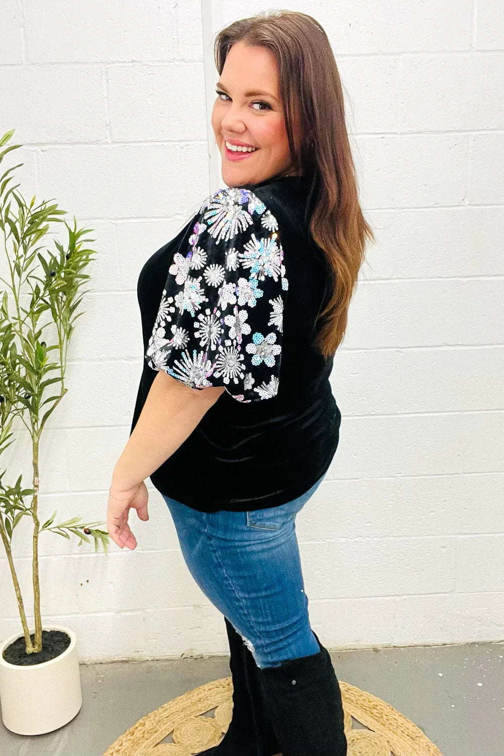 Feeling Glamorous Black Floral Sequin Puff Sleeve Velvet Top | 2024 Blow-Out Sale Daverri Fashions