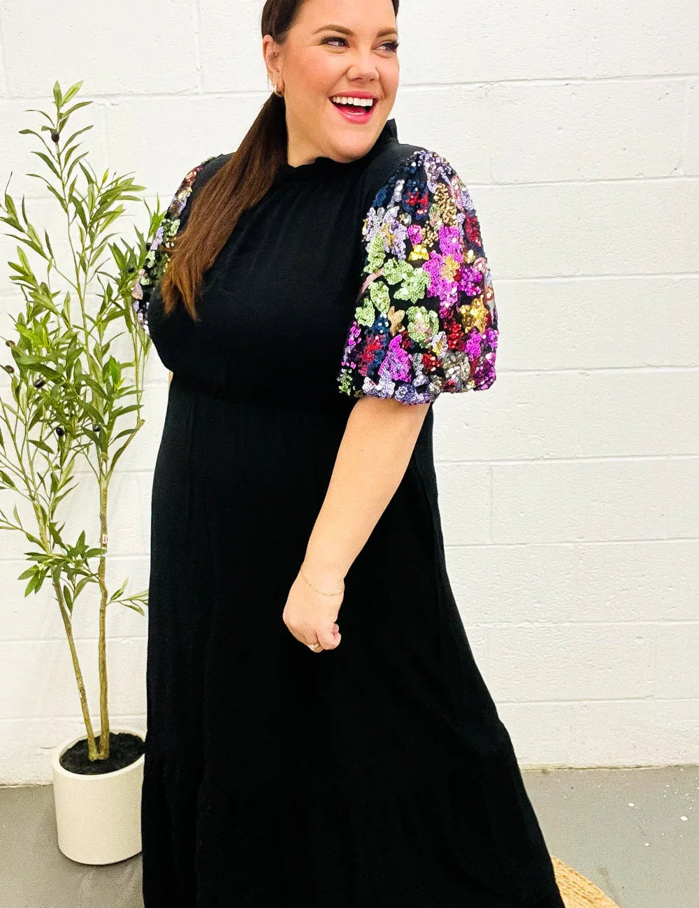 Black Floral Sequin Puff Sleeve Mock Neck Tiered Maxi Dress | Daverri Fashions