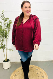 Holiday Vibes Burgundy Frill Detail Tie Neck Satin Top | Daverri Fashions