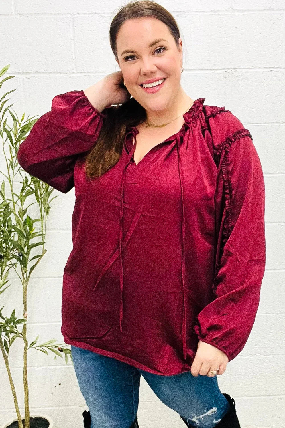 Holiday Vibes Burgundy Frill Detail Tie Neck Satin Top | Daverri Fashions