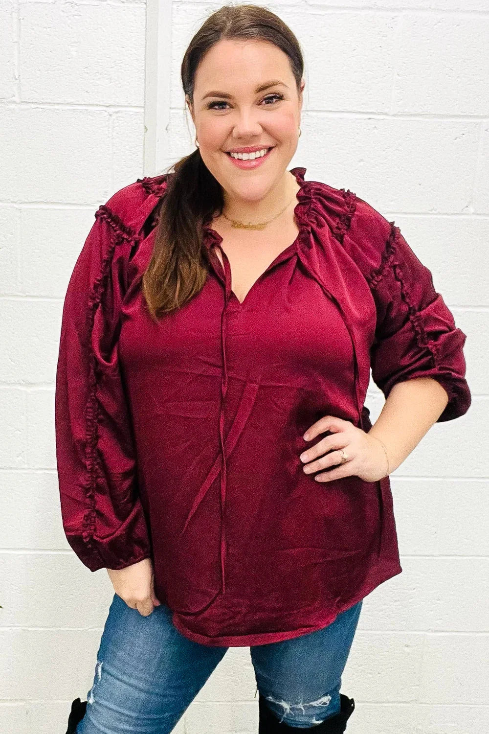 Holiday Vibes Burgundy Frill Detail Tie Neck Satin Top | Daverri Fashions