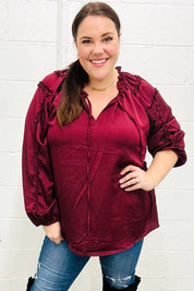 Holiday Vibes Burgundy Frill Detail Tie Neck Satin Top | Daverri Fashions