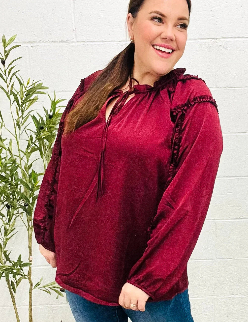 Holiday Vibes Burgundy Frill Detail Tie Neck Satin Top | Daverri Fashions