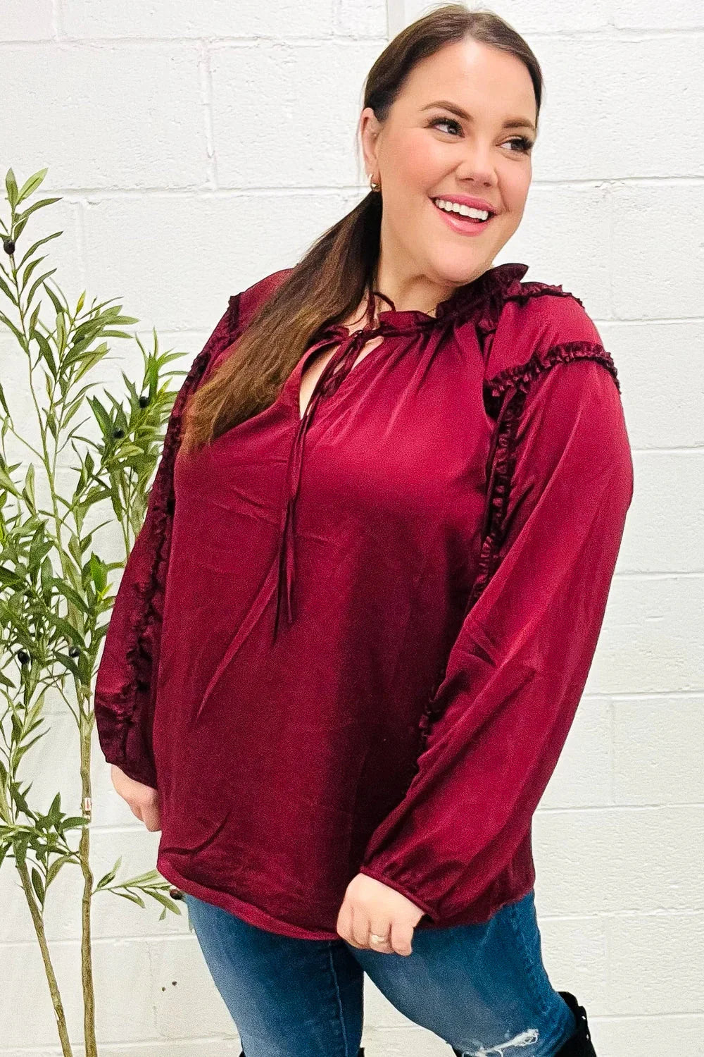 Holiday Vibes Burgundy Frill Detail Tie Neck Satin Top | Daverri Fashions
