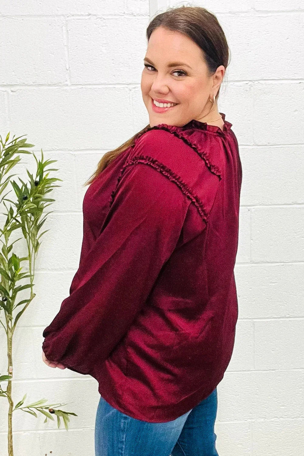 Holiday Vibes Burgundy Frill Detail Tie Neck Satin Top | Daverri Fashions