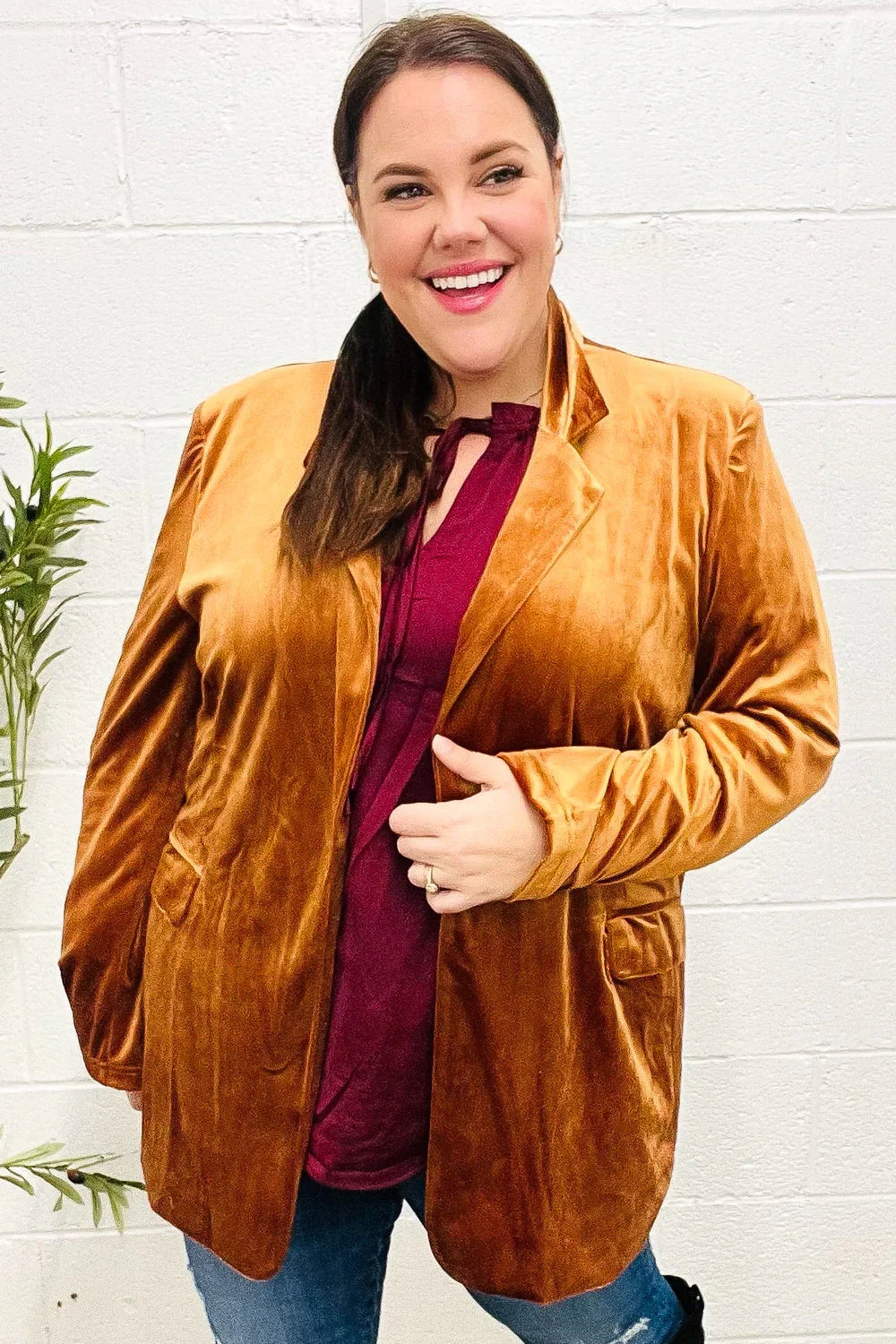 Holiday Stunner Rust Velvet Lapel Blazer | Daverri Fashions