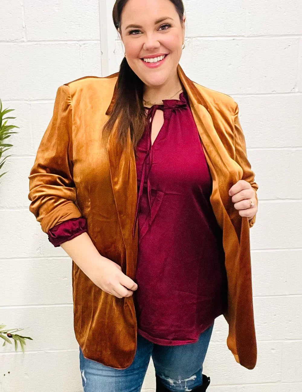 Holiday Stunner Rust Velvet Lapel Blazer | Daverri Fashions