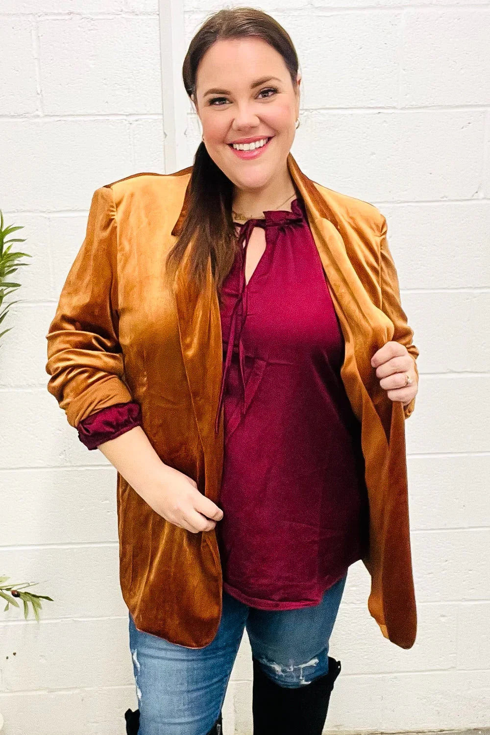 Holiday Stunner Rust Velvet Lapel Blazer | Daverri Fashions