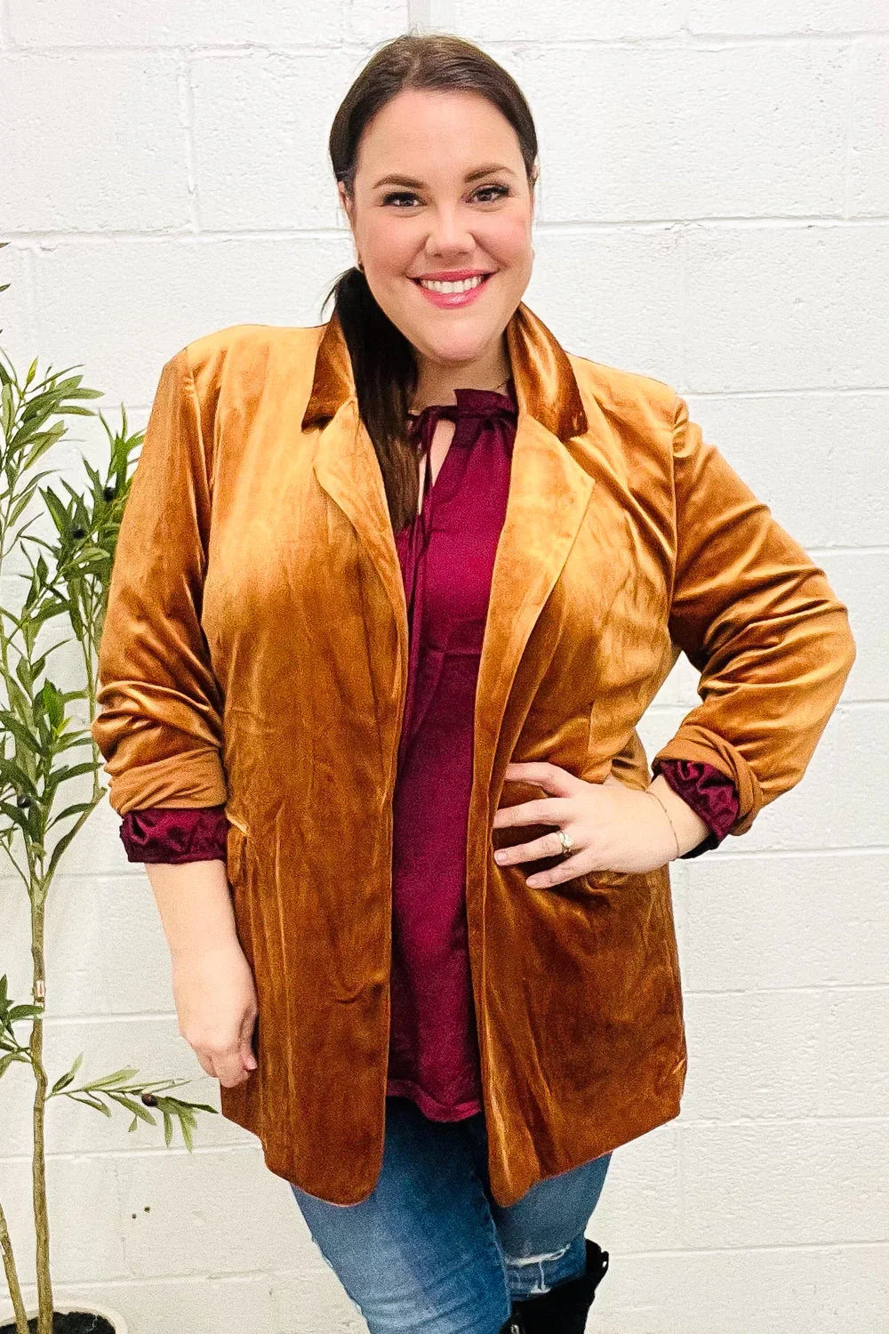 Holiday Stunner Rust Velvet Lapel Blazer | Daverri Fashions