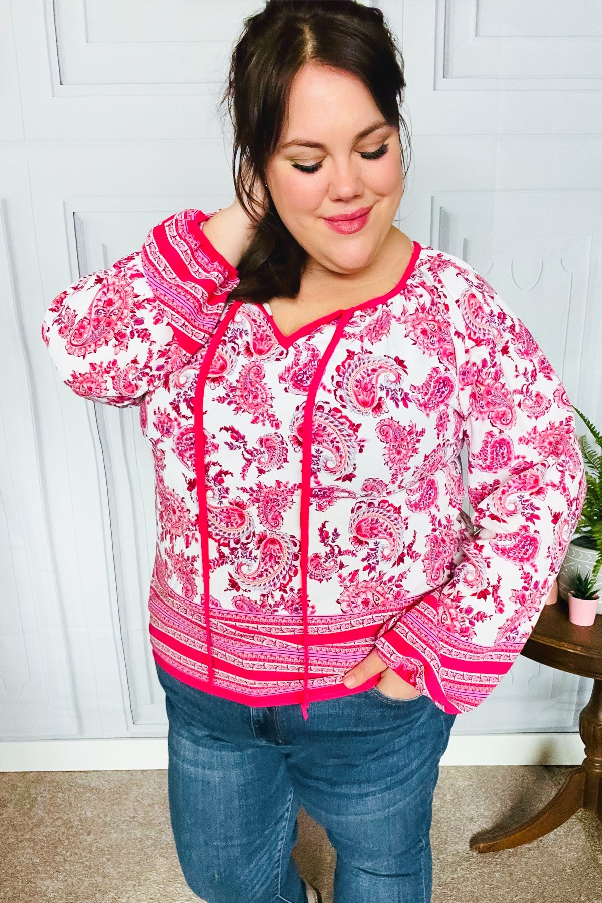 Haptics Bubble Sleeve Paisley Boho Front Tie Blouse | Blouses Daverri Fashions