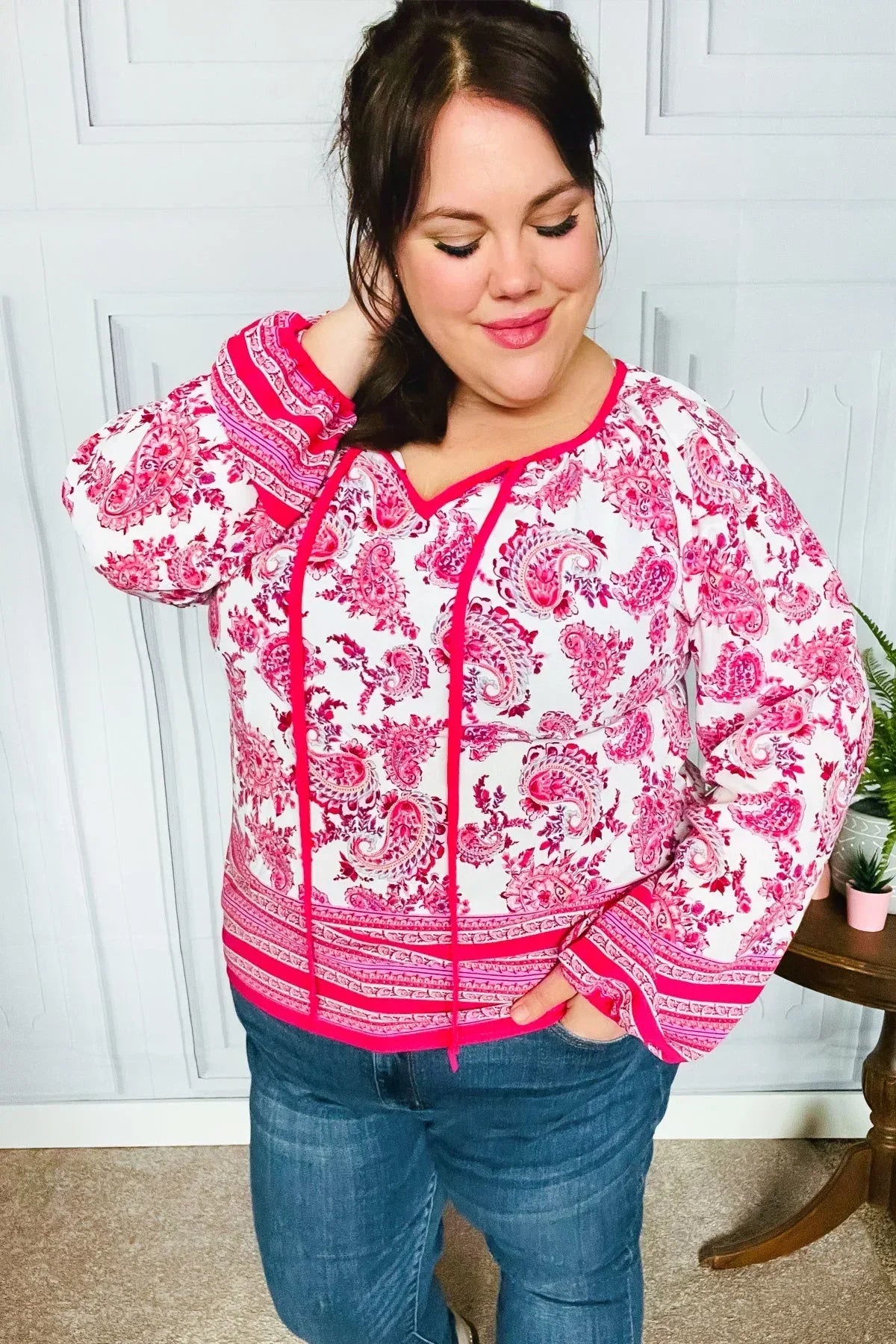 Haptics Bubble Sleeve Paisley Boho Front Tie Blouse - DAVERRI FASHIONS