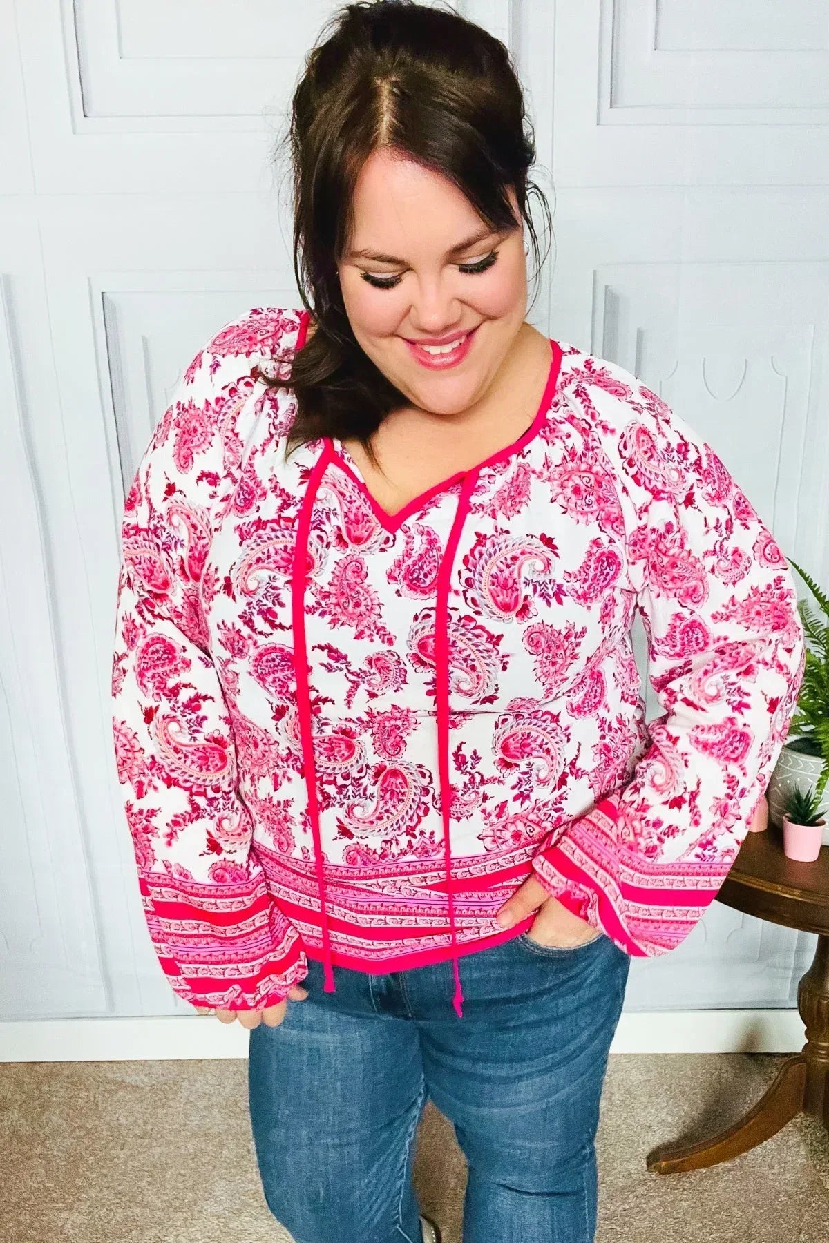 Haptics Bubble Sleeve Paisley Boho Front Tie Blouse - DAVERRI FASHIONS