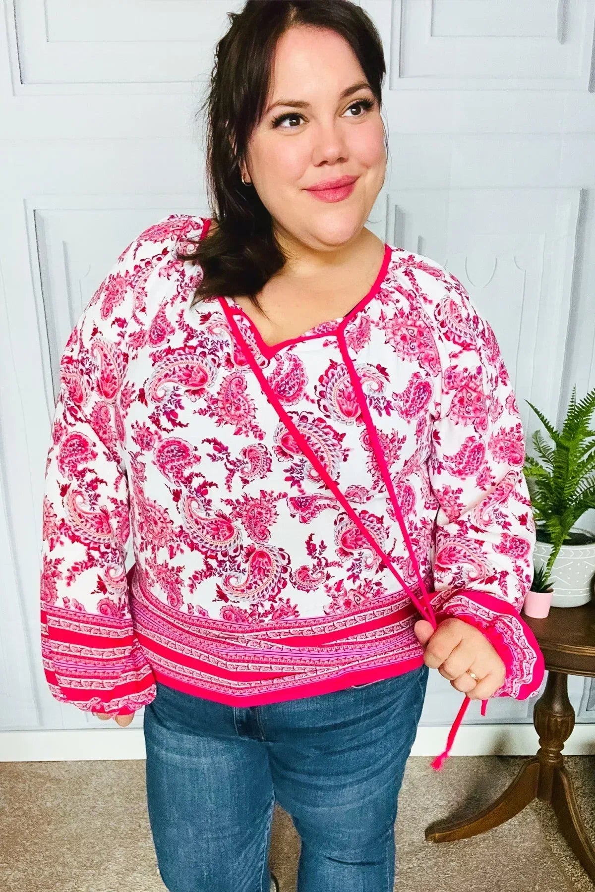 Haptics Bubble Sleeve Paisley Boho Front Tie Blouse - DAVERRI FASHIONS