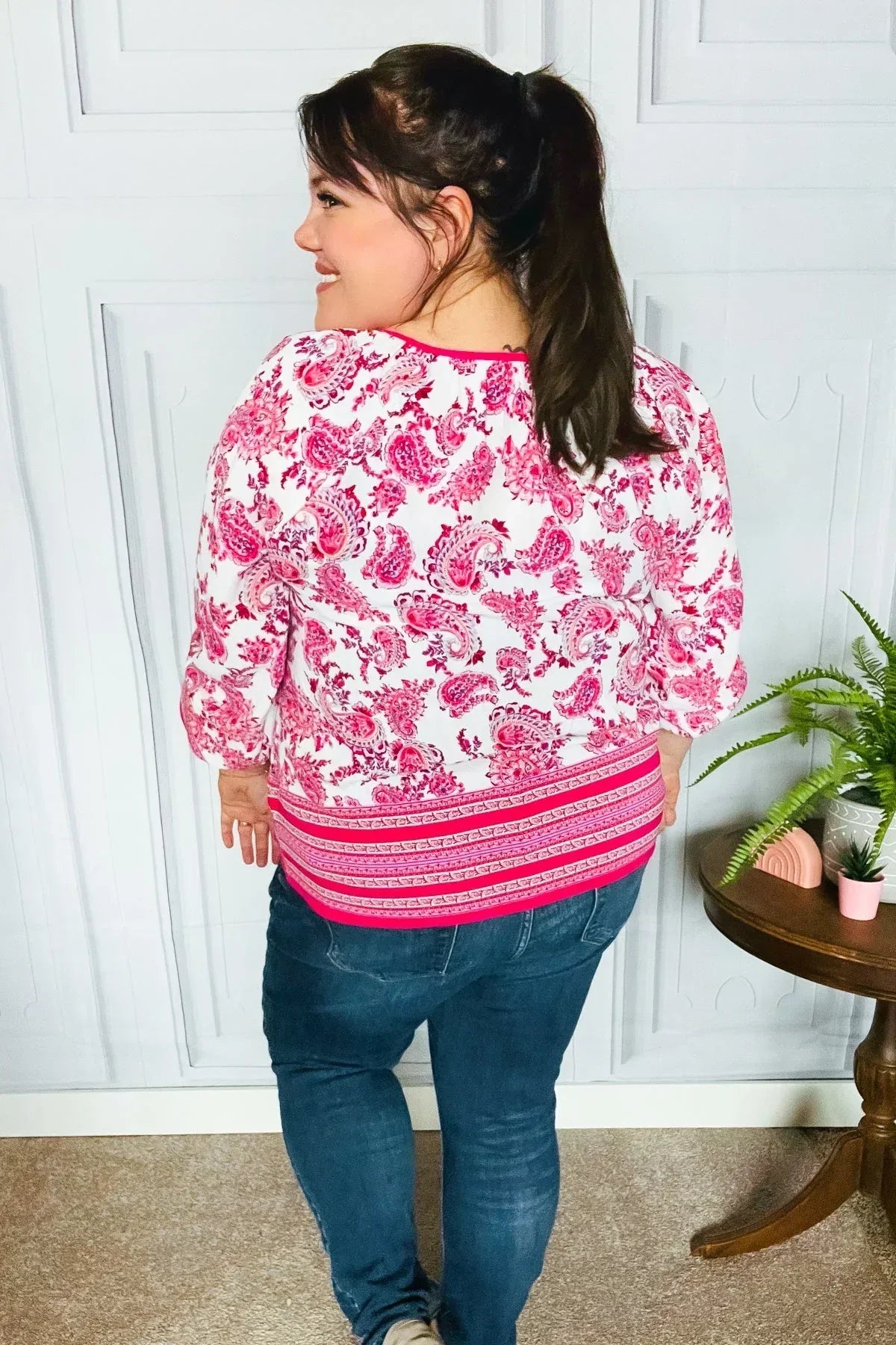 Haptics Bubble Sleeve Paisley Boho Front Tie Blouse - DAVERRI FASHIONS