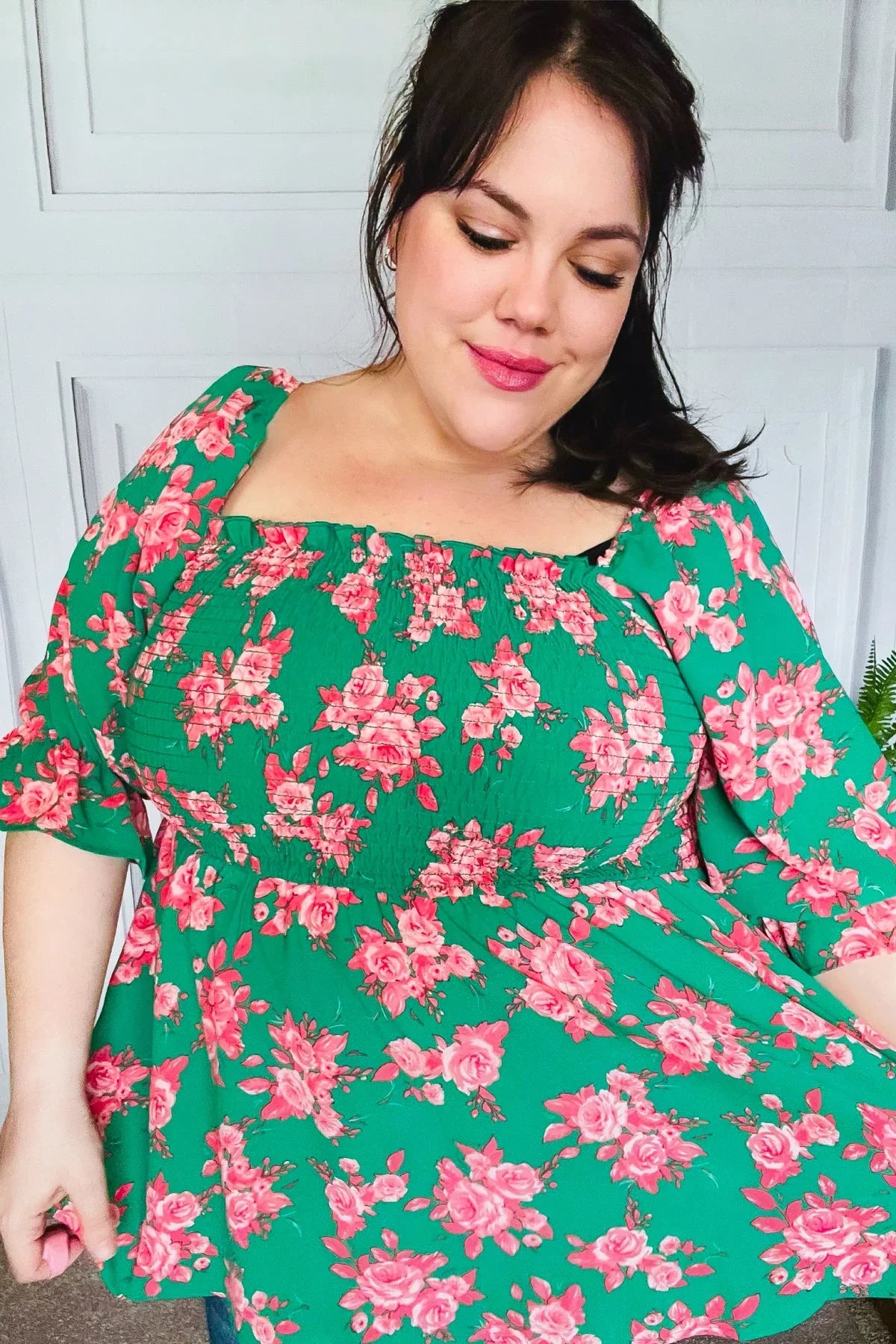 Sumptuous In Smocked Green & Coral Flower Print Babydoll Top | Daverri Fashions