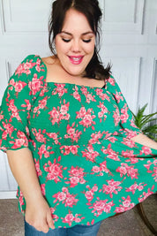 Sumptuous In Smocked Green & Coral Flower Print Babydoll Top | Daverri Fashions