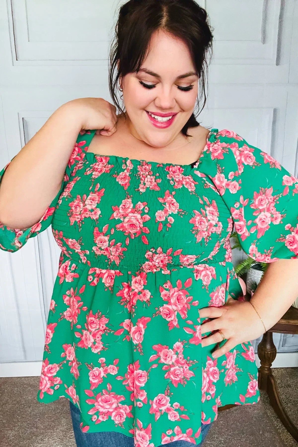 Sumptuous In Smocked Green & Coral Flower Print Babydoll Top | Daverri Fashions