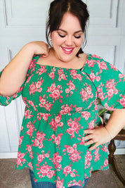 Sumptuous In Smocked Green & Coral Flower Print Babydoll Top | Daverri Fashions