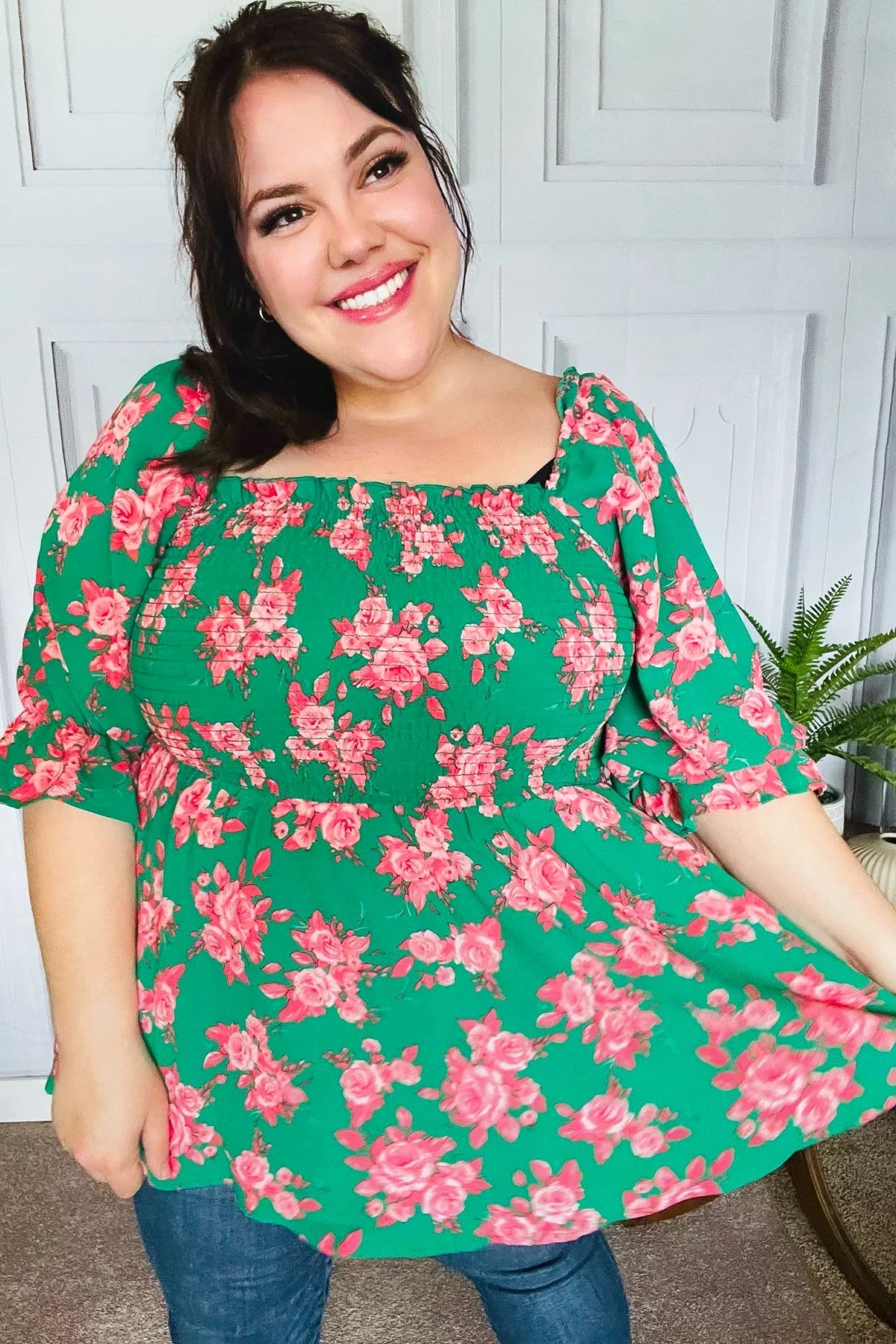 Sumptuous In Smocked Green & Coral Flower Print Babydoll Top | Daverri Fashions