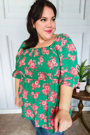 Sumptuous In Smocked Green & Coral Flower Print Babydoll Top | Daverri Fashions