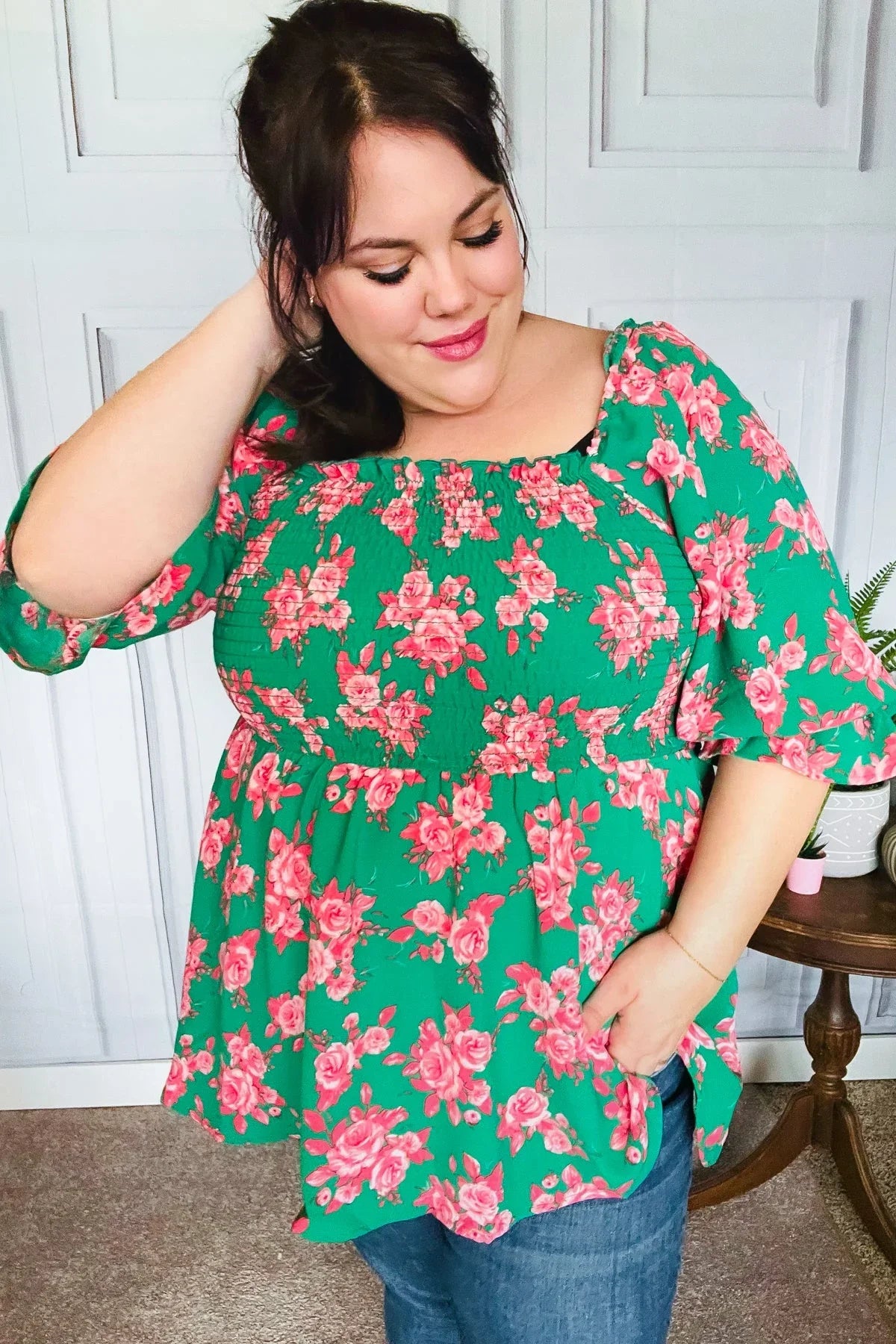 Sumptuous In Smocked Green & Coral Flower Print Babydoll Top | Daverri Fashions