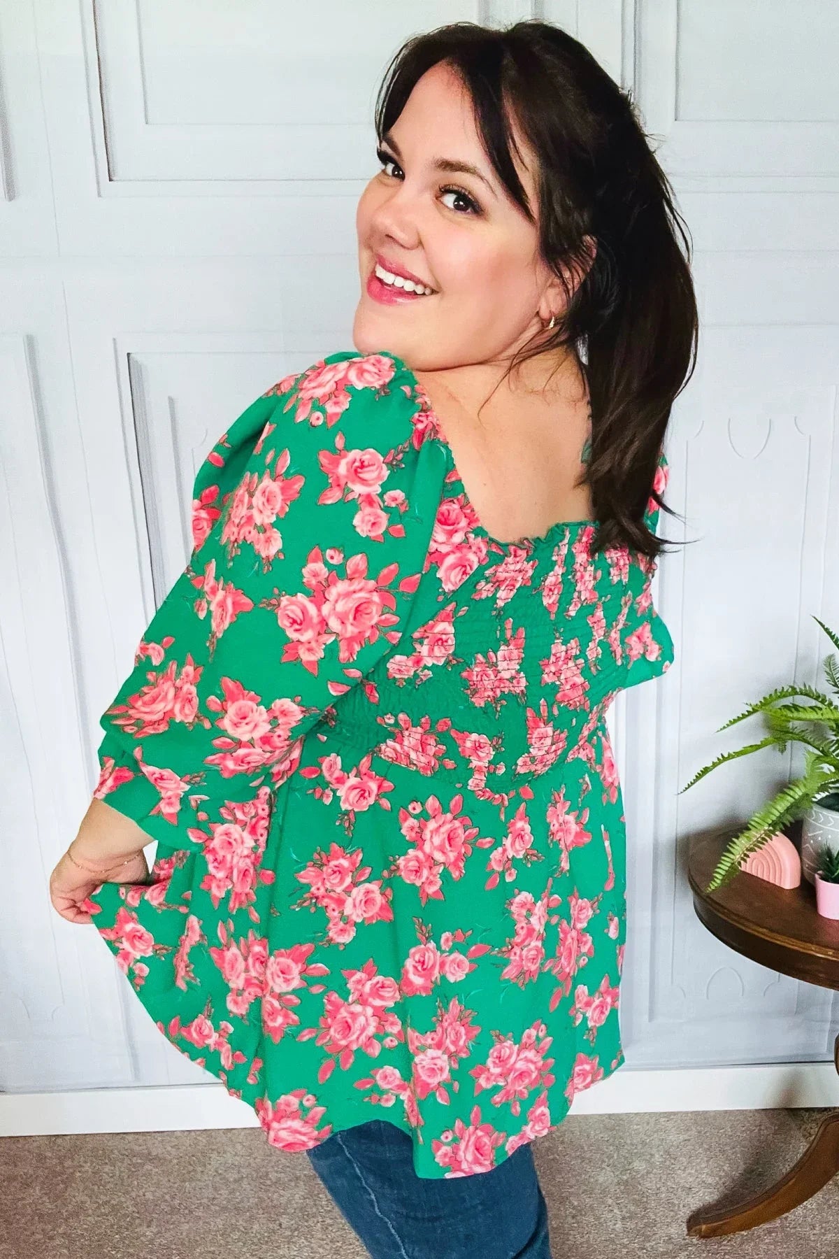 Sumptuous In Smocked Green & Coral Flower Print Babydoll Top | Daverri Fashions