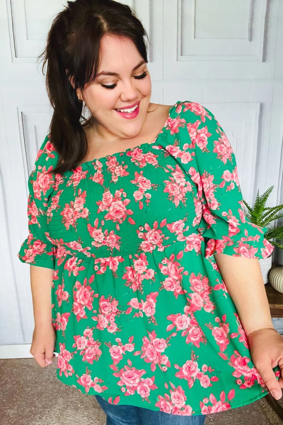 Sumptuous In Smocked Green & Coral Flower Print Babydoll Top | Daverri Fashions