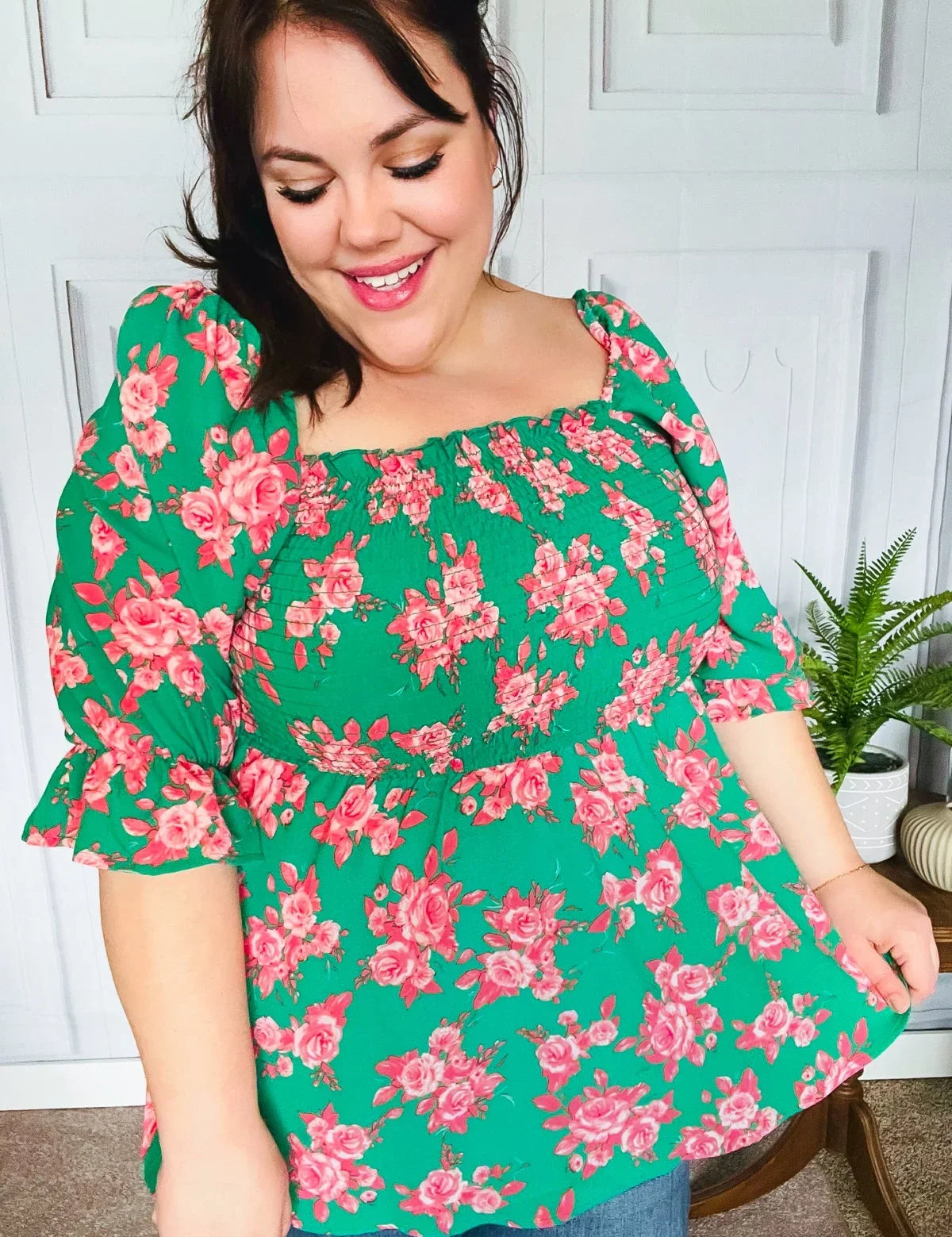 Sumptuous In Smocked Green & Coral Flower Print Babydoll Top | Daverri Fashions