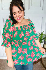 Sumptuous In Smocked Green & Coral Flower Print Babydoll Top | Daverri Fashions