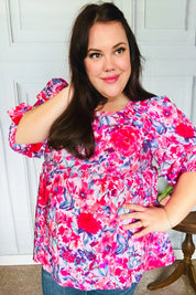 Feeling Femmi Pink & Fuchsia Floral Peplum Woven Top | Daverri Fashions